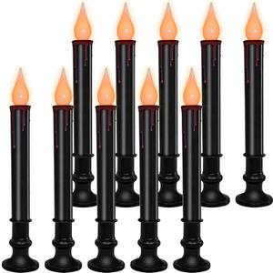 10 Pack Halloween Window Candles Lights, Battery Operated Window Candles with Timer, Flameless LED Candle with Taper Flickering Bulbs for Dining Table Halloween Decor (Black)