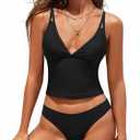 ZAFUL Tankini Swimsuits for Women V Neck Dual Straps Cropped Bikini Swimsuit High Cut 2 Pieces Bathing Suit (Medium, 1-black)