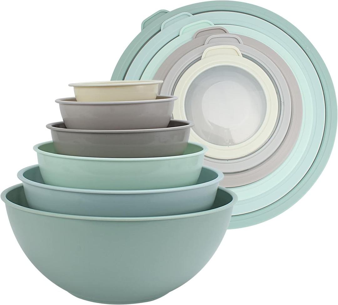 COOK WITH COLOR Nesting Mixing Bowls - 12 Piece Plastic Bowl Set with Lids, Microwave Safe (Mint Ombre), Complete Set
