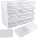 12 Pcs Drawer Stackable Storage Cabinet, White Plastic Organizer with Drawers & 36 Pcs Clear Dividers Organizer Rack & 48 Pcs Tag Card & 24 Pcs Non-slip Stickers for Home Office School