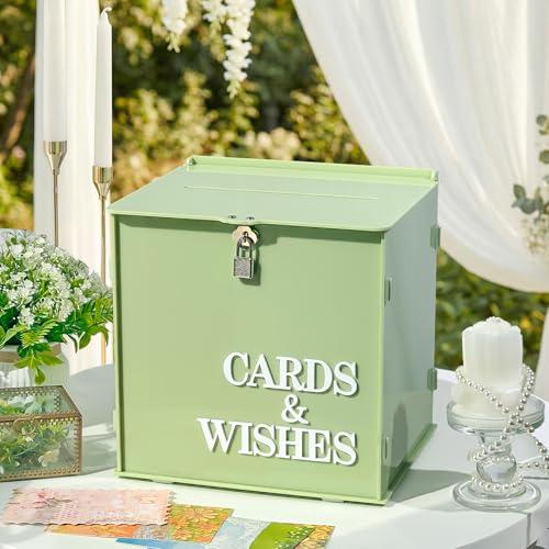 OurWarm Wedding Card Box with Lock, Sage Green Acrylic Card Box for Wedding with 3D Raised Lettering, Large Envelope Money Card Box for Party Graduation Birthday Baby Shower Wedding Decorations