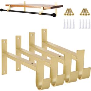 AddGrace Closet Rod Bracket Heavy Duty Shelf Brackets 12 Inch Gold Wall Mounted Closet Rod Support with Pole Holder Industrial Iron Shelving Supports with Hook (4 Pack)