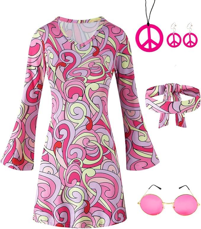 IWALUE Girls Kids 60s 70s Hippie Costume Dresses Disco Halloween Retro Outfit, (Pink, 5-6Y)