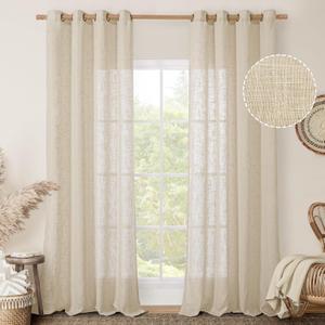 LAMIT Light Filtering Sheer Linen Curtains 102 inches Long, Linen Textured Semi Sheer Bronze Grommet Natural Boho Drapes for Living Room/Farmhouse, 2 Panels, Linen, 52 x 102 Inch