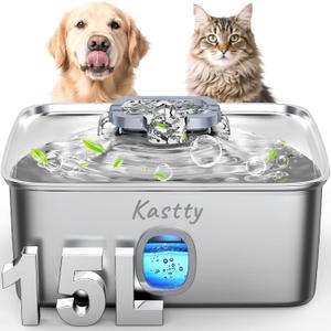 Kastty 15L/3.96 Gal Stainless Steel Dog Water Bowl Dispenser, Large Capacity Dog Water Fountain Quiet LED Light Triple Filtration BPA-Free, Automatic Pet Water Fountain Easy Cleaning for Multi-pet