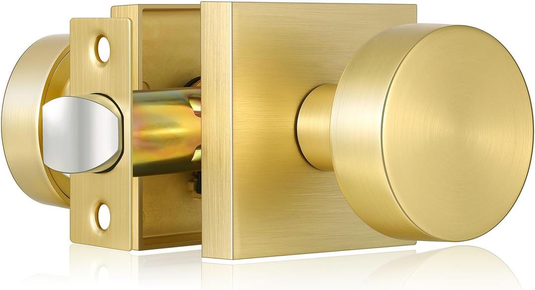 HIMEETIME Gold Door Knob Interior,Passage Rectangle Modern Door Knobs,Heavy Duty Square Door Knobs Modern Door Handle for Hall Closet, Satin Brass
