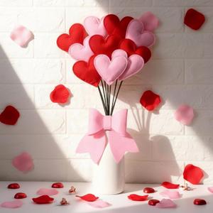 Valentine's Day Heart Flower Bouquet Set of 10 Felt Red and Pink Hearts Picks with Ribbon Bow 16 Inch Valentine Picks for Wedding Anniversary Mother's Day Holiday Party Home Crafts Supplies