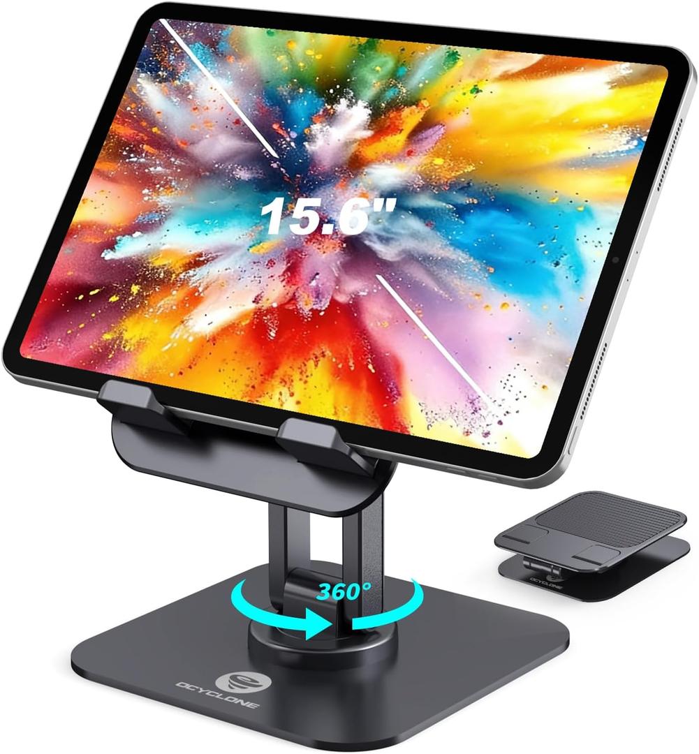OCYCLONE iPad Stand, 360 Rotating Adjustable Foldable iPad Tablet Holder for Desk Compatible with Kindle Tablet iPad 4" - 15.6" Portable Monitor Stand, Black