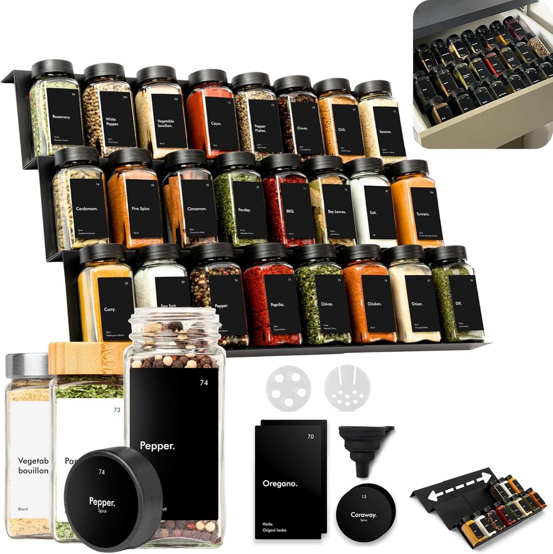 KIVY Spice Drawer Organizer with 24 Spice Jars & 240 Labels - Seasoning Rack for Organization - Kitchen Drawer Insert for Spice Jars - Glass Seasoning Jars with Airtight Lids - Glass Spice Jars Empty (Black)