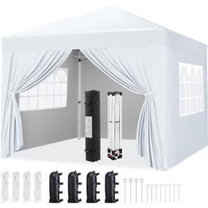 Yaheetech 10x10 Pop Up Canopy with 4 Removable Sidewalls, Portable Enclosed Instant Tent, Waterproof Outdoor Tent, Beach Sun Shelter with 4 Sandbags, 12 Stakes & 4 Ropes, Silver-Coated White