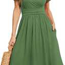 WEACZZY Women's Summer Short Sleeve Casual Dresses V-Neck Floral Party Dress with Pockets Army Green XXL