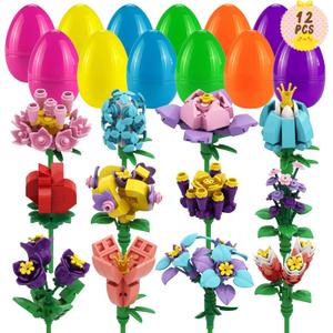 12 Pcs Easter Basket Stuffers Flower Building Blocks Eggs Prefilled Plastic Easter Eggs with Building Blocks for Basket Stuffers Toys Egg Hunt for Boys Girls Party Favors