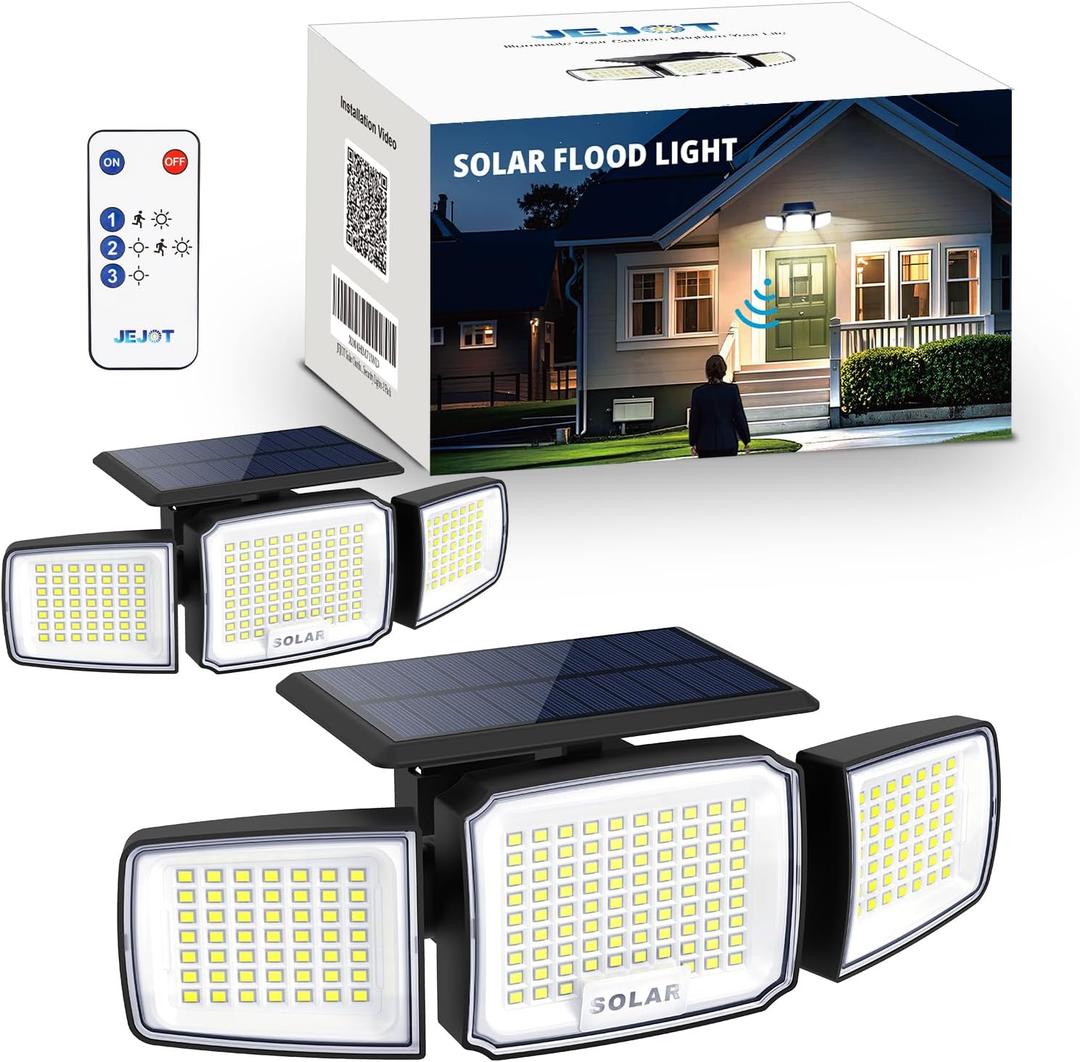 Solar Security Light Outdoor Super Bright LED w/Remote Control, Radar Motion Sensor Flood Light, 3 Heads 270 Wide Angle, IP65 Waterproof, 3 Modes (2 Packs)