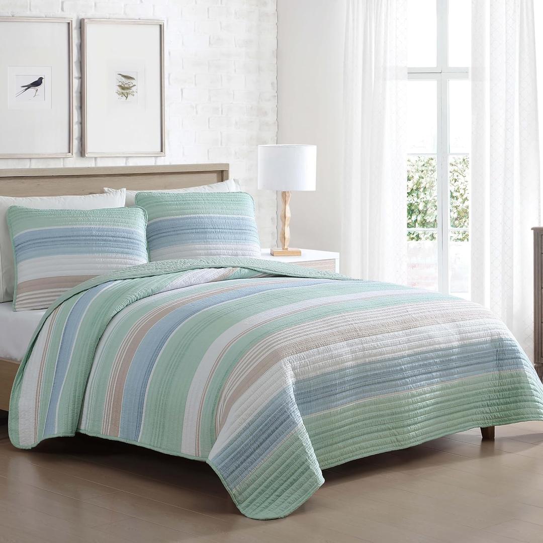 Beatrice Home Fashions Coralinn Striped 3-Piece Quilt Set, Lightweight, All-Seasons, King, Sage Blue