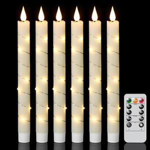 GenSwin Flameless Taper Candles with Remote and String Lights, Ivory Real Wax Taper Candles Battery Operated, LED Flameless Battery Candlesticks for Home Holiday Decor(Set of 6)