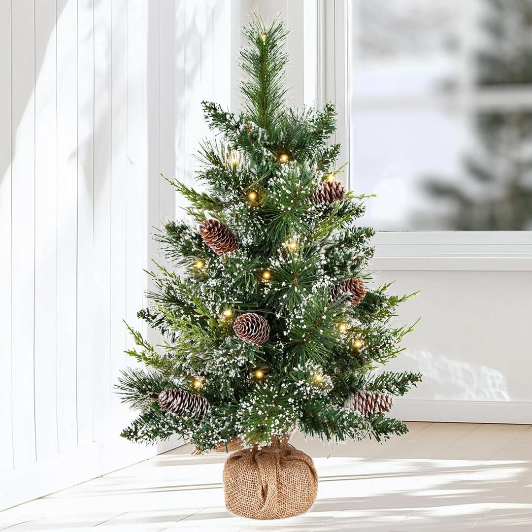 deeinglif 2ft Mini Christmas Trees 24" with LED Lights and Pine,Tabletop Branches Cones and Cloth Bag Base Home Party Dining Room Window Decoration for Christmas