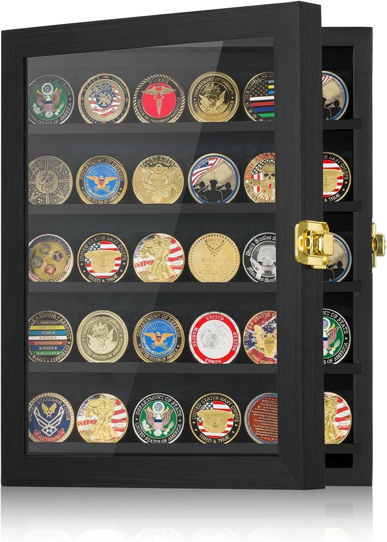 Military Challenge Coin Display Case 11x14IN, Medal Shadow Box with HD Acrylic Glass, Removable 2 Groove Shelves, Wall Mount Coin Collection Holder for Casino Poker Chips Exquisite Souvenirs (Coin Case L)