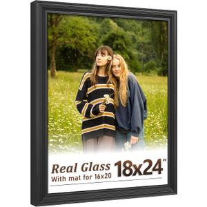18x24 Black Poster Frame, Tempered Glass with Mat for 16x20