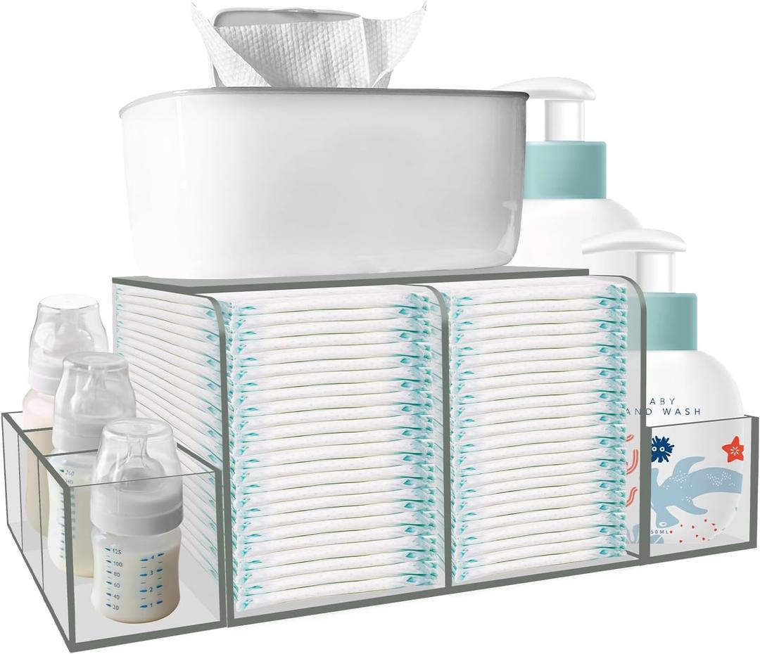 Diaper Caddy, Baby Changing Table Organizer, Detachable Clear Acrylic Diaper Storage for Wipe Dispenser, Wipe Warmer and other Diapering Essentials (16.4x6x8.6, Transparent)
