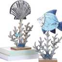 Novabright 2 Pcs Wooden Coral Fish Table Decor Summer Ocean Centerpieces for Tables Standing Coral Statue with 3D Starfish Seashell for Nautical Shelf Coastal Beach Home Decoration Marine Themed Gift