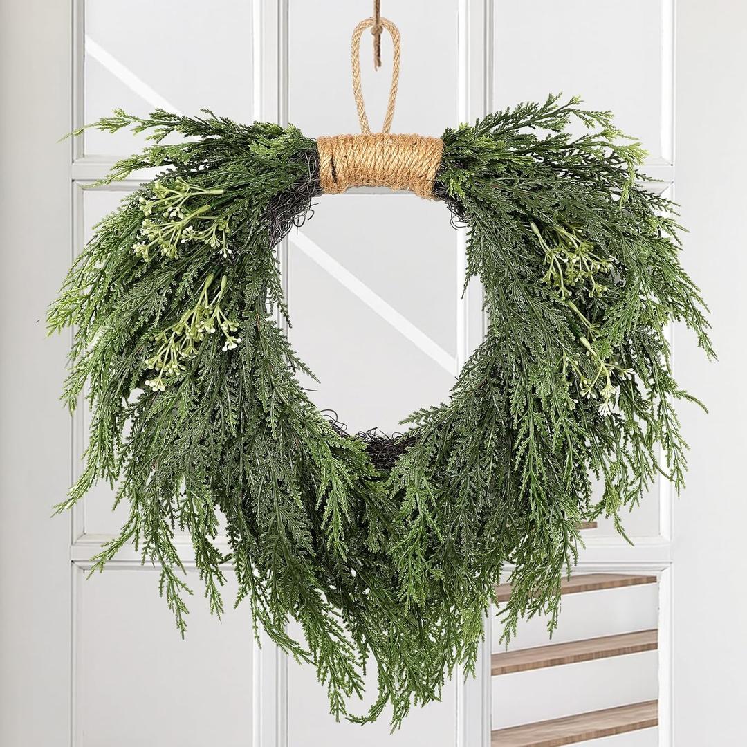 Christmas Norfolk Pine Wreath 16 Inch Christmas Kitchen Cabinet Wreaths Artificial Greenery Faux Cedar Wreaths for Xmas Decor Door Window Mantle Wall Outdoor Indoor Decorations