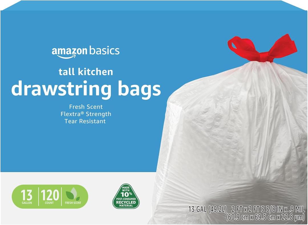Amazon Basics 13 Gallon Tall Kitchen Drawstring Trash Bags, Flextra Strength, Clean Fresh Scent, Tear Resistant, 0.9 mil Thickness, 10% Post Consumer Recycled, 120 Count