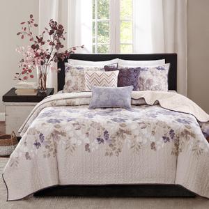 Madison Park Luna Quilt Modern Classic Design All Season, Breathable Coverlet Lightweight Bedding Set, Matching Shams, Decorative Pillow, King/Cal King(104"x94"), Floral Taupe 6 Piece, King/California King