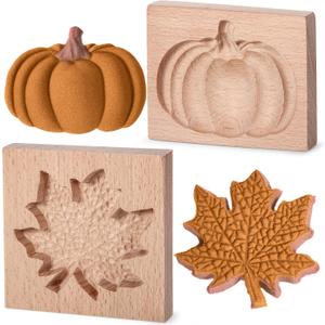 Meanplan Carved Wooden Cookie Mold, Baking Embossing Cookies Stamp Mold Cutter Funny 3D Heart Wood Rose Dessert Tools for Christmas Kitchen DIY Baking Tools (Heart Rose)(Maple Leaf, Pumpkin)