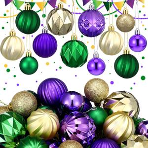 Syhood 64 Pcs Mardi Gras Tree Ball Ornaments Colored Shatterproof Plastic Decorative Hanging Ball 1.6/1.97/2.4 Inch Green Purple Gold Decor Glitter Ornament for Mardi Gras Party Carnival Birthday Home