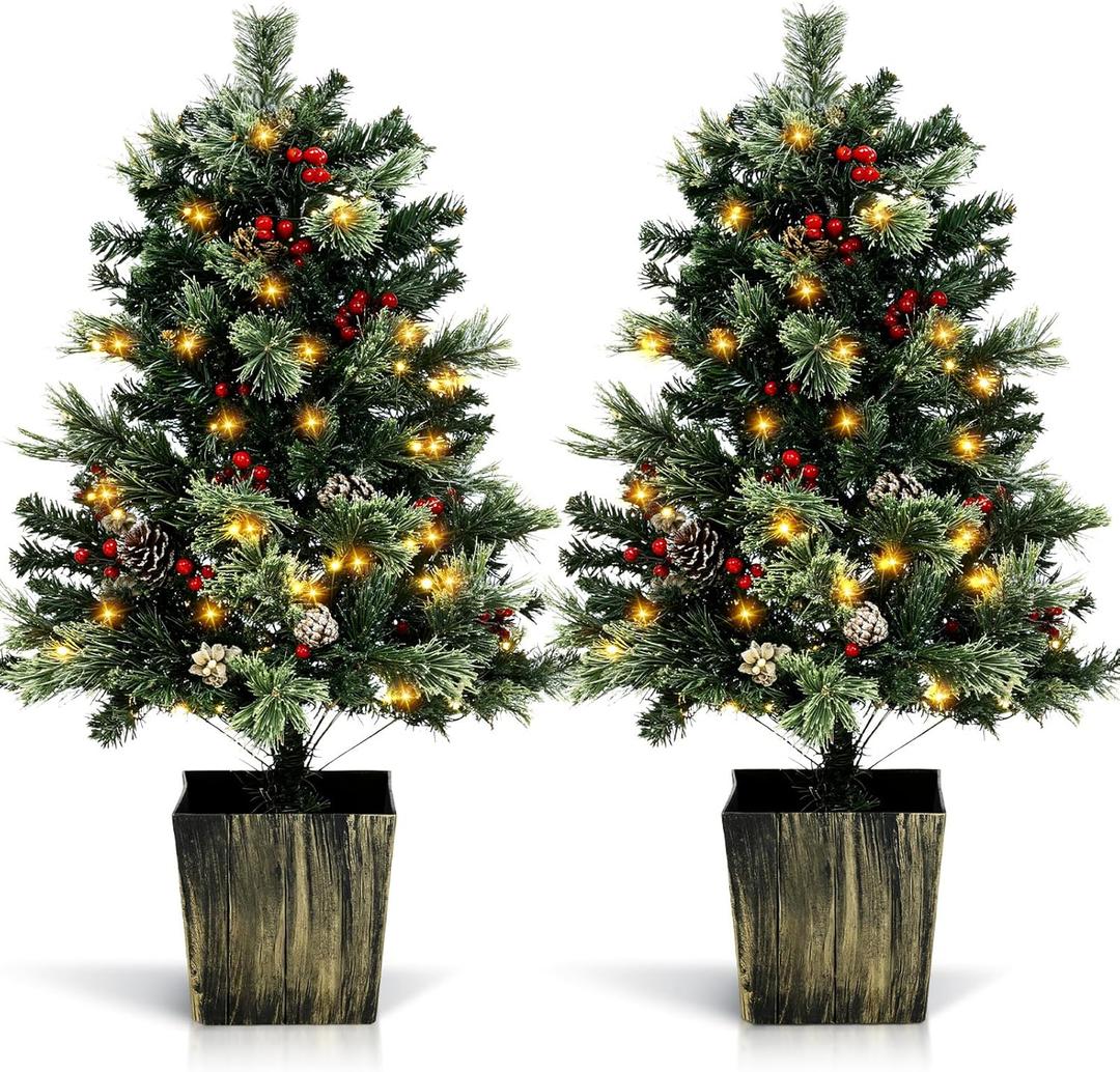 2 Pack 4FT Small Mini Pre-Lit Christmas Trees Potted Artificial with 160 Lush Branch Tips 100 LED Warm Lights, Pine Cones and Berries for Holiday Xmas Gift Home Decor, 8-Mode Timer Battery Box