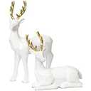 KI Store Set of 2 White Deer Figurines with Gold Antlers 12-Inch Resin Standing and Sitting Deer Figures Reindeer Decorations for Christmas Decor Display