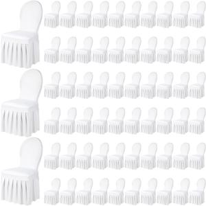 Oudain Chair Slip Covers with Skirt Wedding Long Stretch Spandex Dining Chair Cover Protectors Removable and Washable for Hotel and Wedding Ceremony(White,60 Pieces)