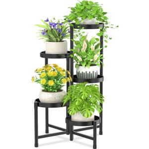 iDavosic.ly 5 Tier Metal Plant Stand for Indoor Outdoor, Foldable Corner Tall Plant Shelf for Multiple Plants, Flower Pot Holder Display Stand for Living Room Balcony Garden Patio (Black)