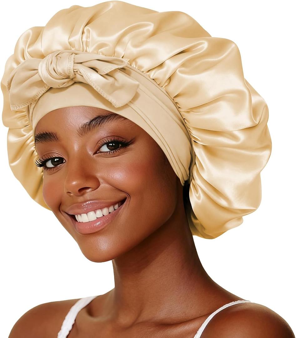 Silk Hair Bonnet with Strap for Sleeping, Double-Layer Satin Sleep Cap for Women, Soft Lining for Curly and Natural Hair (Gold-06)