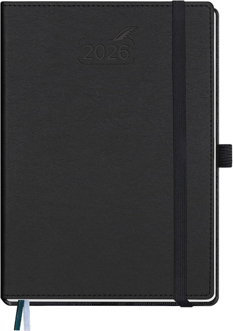 BEZEND 2026 Planner Weekly and Monthly (6" x 8.5") Daily Calendar with Hourly Timeslots & Tabs (Jan-Dec) Note & Expenses, Pen Holder, Inner Pocket, Vegan Leather Hardcover - Black