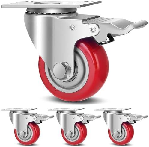 3 Inch Industrial Heavy Duty Swivel Caster Wheels with Brake,Set of 4 Safety Locking Casters,Load 1600lbs,Premium Polyurethane Wheels for Table,Trailer,Saw Table,Stage Toolbox,Bed,Corn Board (Red)
