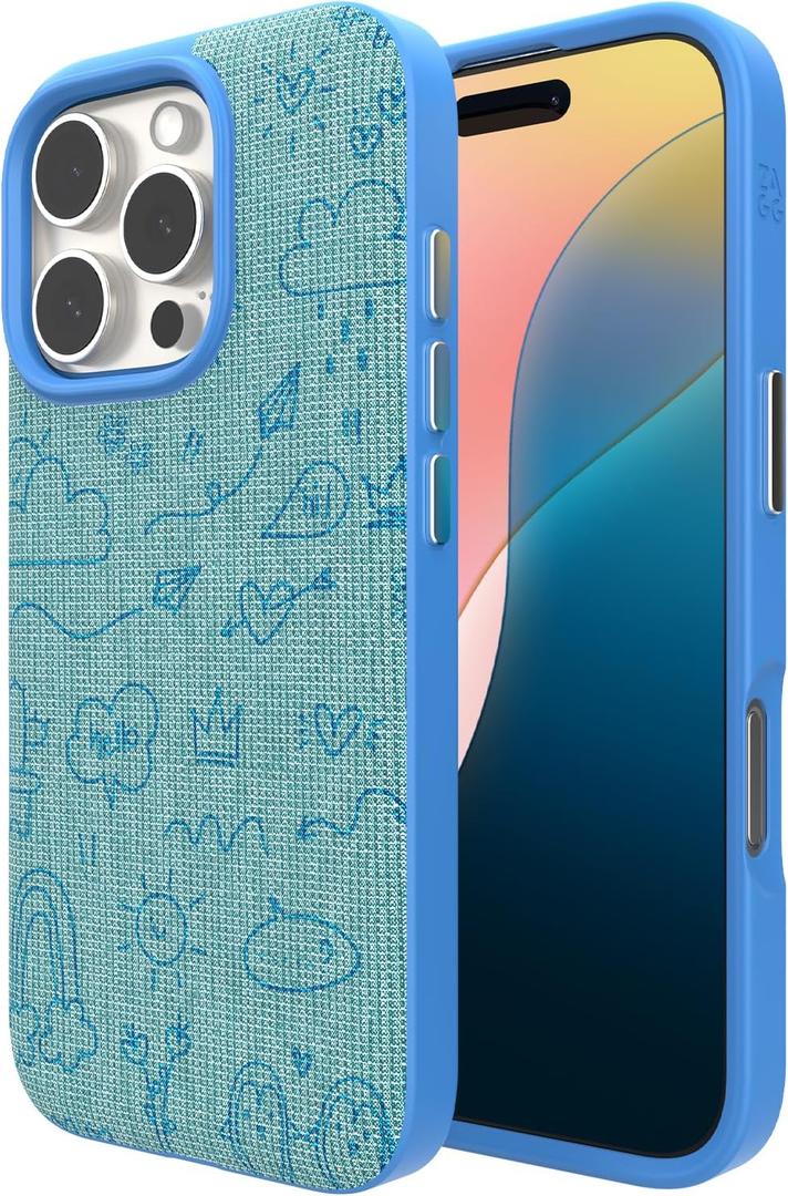 ZAGG London Snap Case for iPhone 16 Pro Max - Embroidered Doodle Fabric Design, MagSafe Compatible, 13ft Drop Protection with Graphene, Slim & Lightweight, Wireless Charging Compatible, Blue