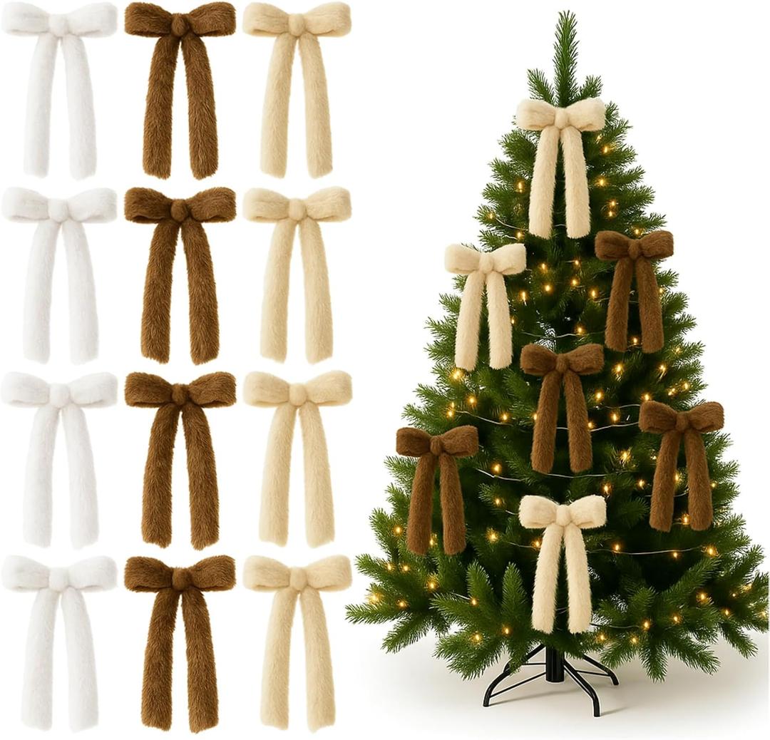 Hoteam 12pcs Large Furry Christmas Bows 11 x 18 Inch Faux Fur Tree Topper Decorations Rustic Fluffy Ornaments for Christmas Tree Wreath Door Porch Farmhouse Holiday Party Decor(Neutral Colors)