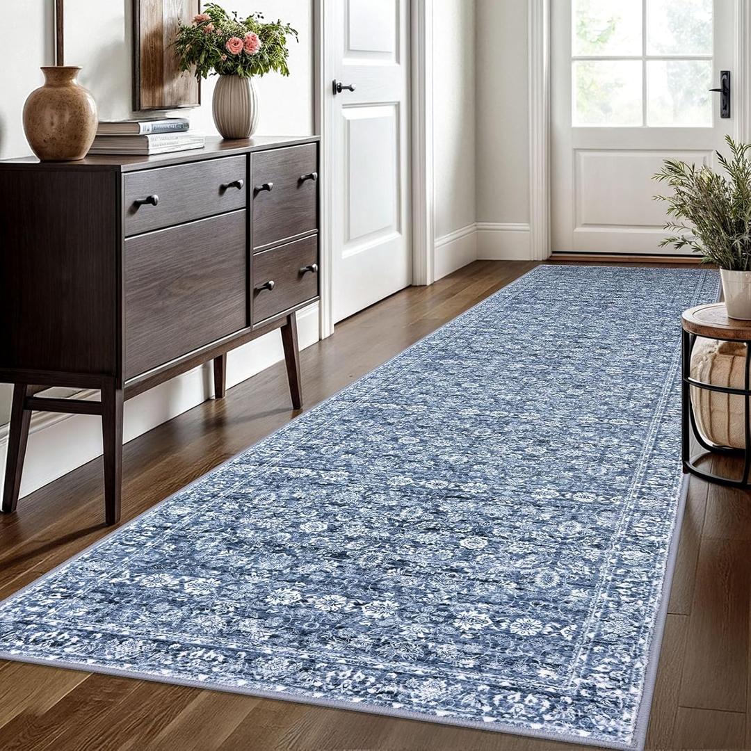 3x10 Washable Runner Rug for Kitchen, Blue Soft Classic Runner with Non-Slip, Non-Shedding Distressed Floral Rug for Hallways Entryway Bedroom Bathroom Laundry Indoor