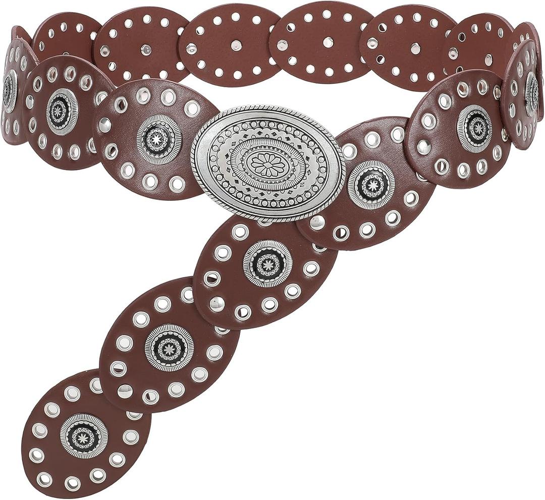WHIPPY Women Disc Concho Leather Belt Western Cowgirl Hollow Belt Vintage Boho Oval Waist Belt for Music Festival Dress Jeans (Fit Waist Size Up to 40", Coffee) WHIPPY Women Disc Concho Leather Belt Western Cowgirl Hollow Belt Vintage Boho Oval Waist Belt for Music Festival Dress Jeans (Fit Waist Size Up to 40", Coffee)