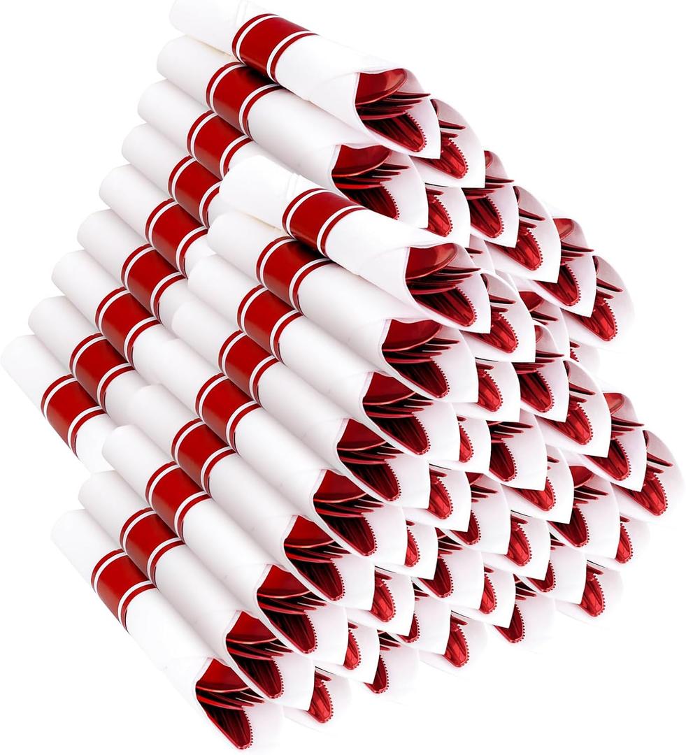 400PCS Pre Rolled Red Plastic Silverware Sets - Heavy Duty Red Cutlery - Include 100 Pack Wrapped Disposable Utensils with Napkins for Christmas Parties & Dinners & Weddings