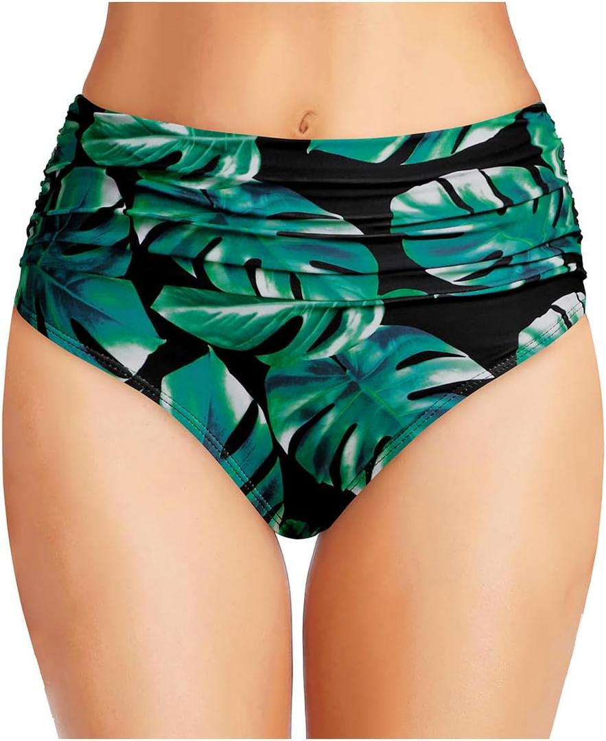 Tempt Me Women's High Waisted Bikini Bottom Tummy Control Ruched Bathing Suit Swim Bottom (Green Leaf) M