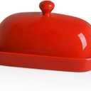 Sweejar Ceramic Butter Dish with Lid for Countertop,Porcelain Butter Keeper with Knob Handle,Butter Container for East/West Coast Butter, 7.1*3.7 inches (Red)