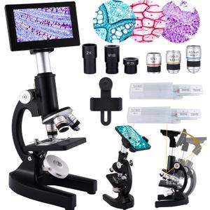 Microscope 40X-2500X Magnification, HD Wide Angle Eyepieces, 4-inch High-Pixel Display with LED Fill Light 3, Cell Phone Observable, for Home School Labs (Black)