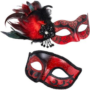 2025 New Masquerade Mask with Feather for Couples - Women's Masquerade Mask with Feather & Men Venetian Costume Mask (Black Red)