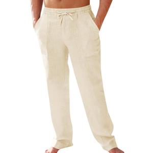PASLTER Men's Cotton Linen Pants Elastic Waist Drawstring Casual Trouser Lightweight Straight-Legs Loose Beach Yoga Pants (White, L)