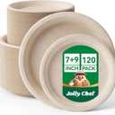 JOLLY CHEF Compostable Heavy Duty Plates 7 inch and 9 inch [120 Pack] Eco-Friendly Disposable Paper Plates Bagasse Biodegradable Sugarcane Fibers Round Plates Bulk for Party Dinner(Brown)
