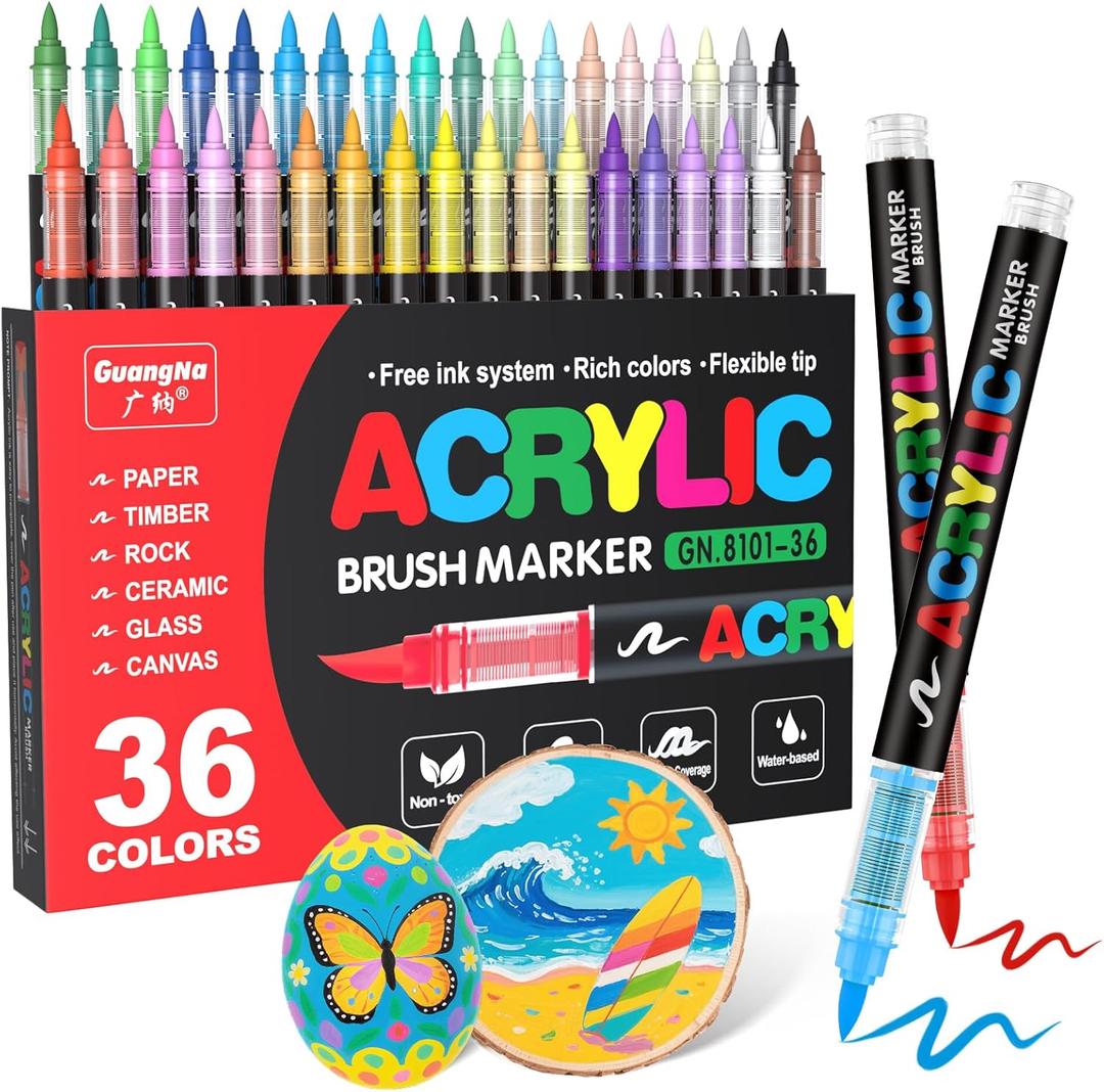 Guangna Acrylic Paint Markers Brush Tip, 36 Vivid Colors with Direct-Liquid Ink Control System, Professional-Grade Paint Pen for Rock Painting, Canvas, Glass, Plastic, Fabric, Eggs (1 Count (Pack of 36), Multicolor)