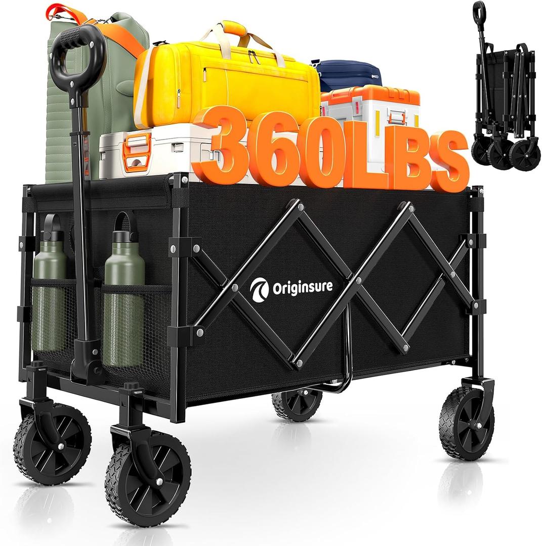 Originsure Collapsible Wagon Cart Foldable - Lightweight Portable Heavy Duty Folding Beach Wagons with Wheels - Outdoor Utility Carts for Grocery, Shopping, Camping, Sports with Large Capacity - Black