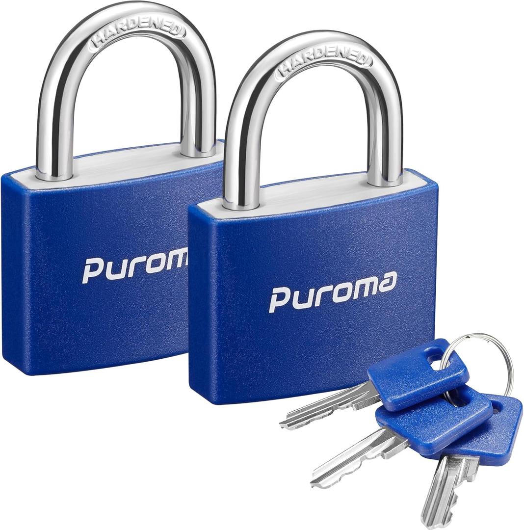 Puroma Lock Keyed Padlock, 2 Pack Aluminum Locks with 3 Keys Alike, 7/8 Inch Locker Lock 43mm Small Padlocks for Gate, Fence, Shed, Toolbox, School Gym Locker (Blue)